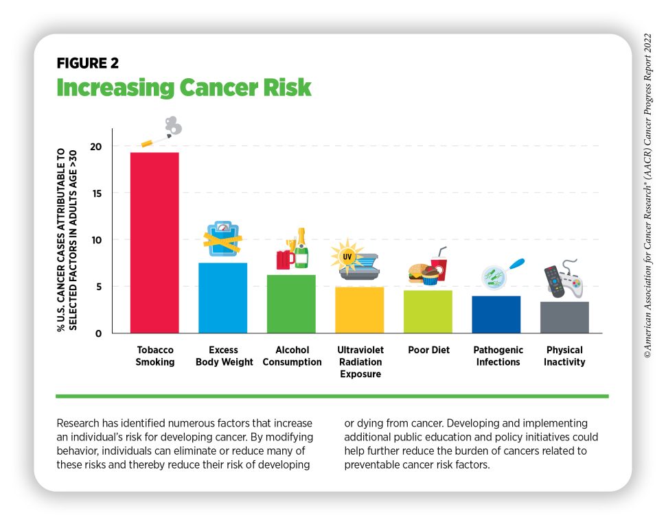 A bar graph showing the factors that add to cancer risk with tobacco smoking ranking the highest then excess body weight, alcohol consumption, ultraviolent radiation exposure, poor diet, pathogenic infections, and physical inactivity/lack of exercise. 