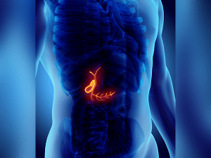 An illustrated X-ray of a human's chest and torso with the gallbladder highlighted, which is where biliary tract cancer, or cholangiocarcinoma, is found.