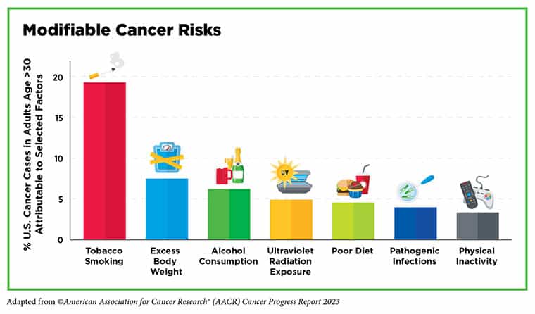 Bar graph of modifiable cancer risks with tobacco smoking having the highest percentage of cancer cases in the U.S. in adults over 30 attributed to that cause followed by excess body weight, alcohol consumption, ultraviolet radiation exposure, poor diet, pathogenic infections, and physical inactivity.