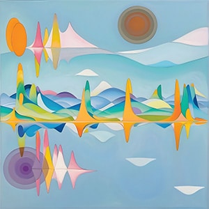 A painting from the cover of AACR Journal Blood Cancer Discovery of a mountain range in different colors in the middle of the image, with the peaks going both up while shorter peaks go down. At the top of the image, there are more mountains in the foreground along with an orange circle with smaller circles around it resembling a sun. At the bottom are upside-down clouds and a purple circle with smaller circles around it resembling the moon. The painting is meant to depict the frequency with which proteins bind to DNA.