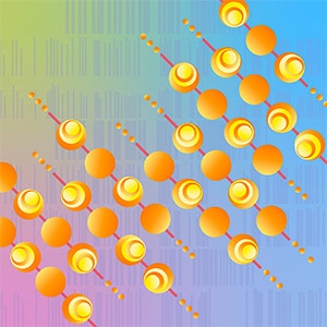 An artistic representation of DNA methylation used for early detection of cancer, where orange and yellow spheres representing histones sit atop red lines representing DNA. The background includes sequencing data on a gradient of green, magenta, blue, and purple. 