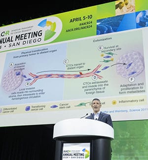 Cyrus M. Ghajar, PhD, speaking during the plenary session on “Evolution of the Genome, Microenvironment, and Host through Metastasis” during the AACR Annual Meeting 2024.