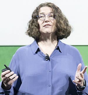 Dana Pe’er, PhD, speaking during the plenary session on “Evolution of the Genome, Microenvironment, and Host through Metastasis” during the AACR Annual Meeting 2024.