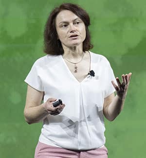 Sarah-Maria Fendt, PhD, speaking during the plenary session on “Evolution of the Genome, Microenvironment, and Host through Metastasis” during the AACR Annual Meeting 2024.