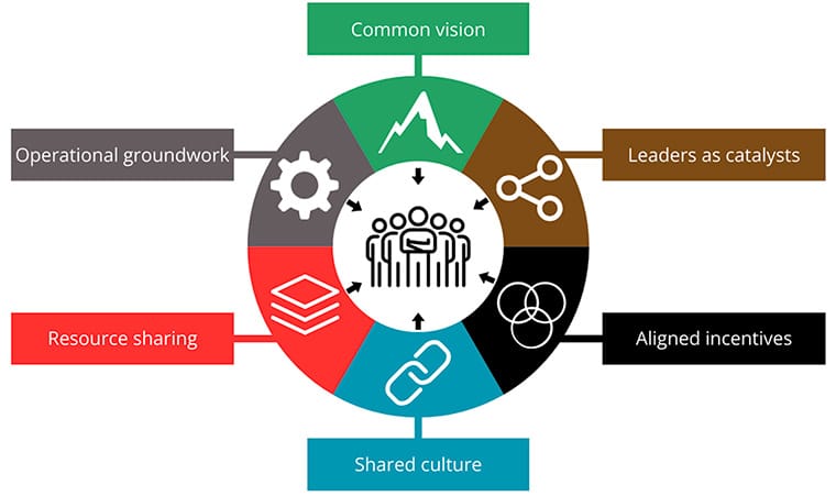 A donut-shaped illustration is divided into six sections, each with a different color background and a simple white icon; the sections are labeled: common vision, leaders as catalysts, aligned incentives, shared culture, resource sharing, and operational groundwork. In the center of the donut, small arrows from each section point to a line drawing of five people. 