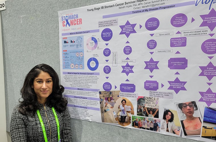 Mahathi Vojjala, a patient advocate, presenting her poster at the AACR Annual Meeting 2024.