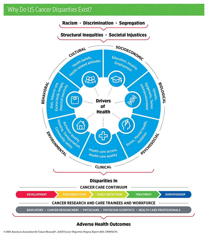 A wheel showing the various factors that contribute to cancer disparities, including cultural, socioeconomic, biological, psychosocial, clinical, environmental, and behavioral.  